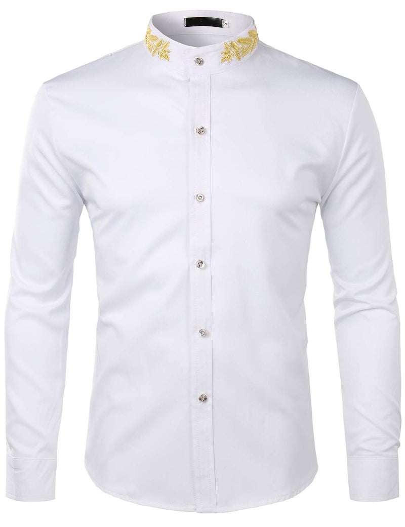 ZEROYAA Mens Hipster Gold Embroidery Mandarin Collar Slim Fit Long Sleeve Casual Dress Shirts Z52 White Large - Image 1